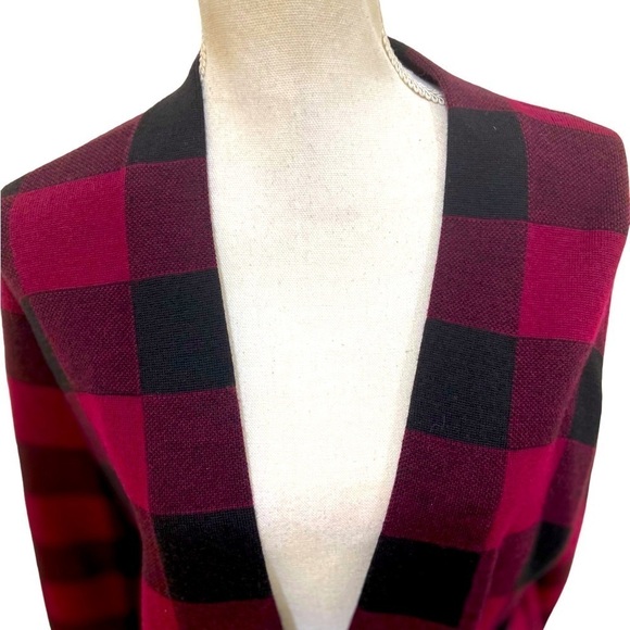 Talbots pure merino wool red/black plaid open front cardigan size medium petite - Picture 3 of 8